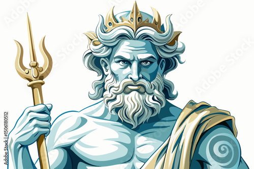 Close up of The ancient statue of god of seas and oceans Neptune on the white isolated background