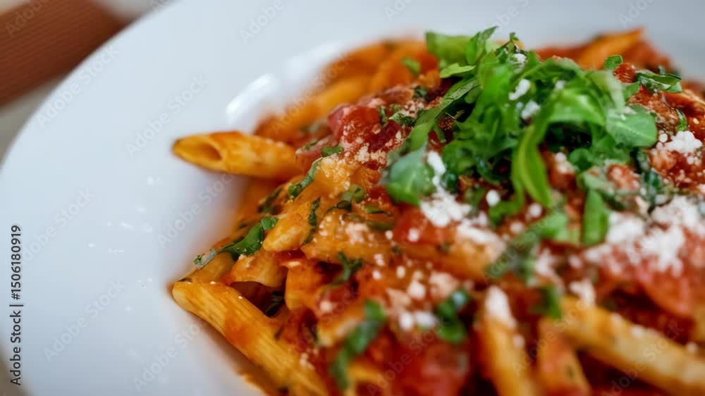 Close-up of penne pasta dish with tomato sauce, herbs, and cheese, creating an inviting and flavorful culinary scene. Close-up of penne pasta dish with tomato sauce, herbs, and cheese, creating an inviting and flavorful culinary scene.