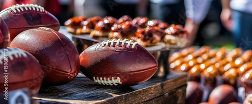 American Football Game Day Snacks Appetizers and Footballs on Rustic Table