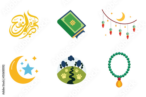 Eid quran crescent moon and prayer elements for a peaceful celebration eid vector