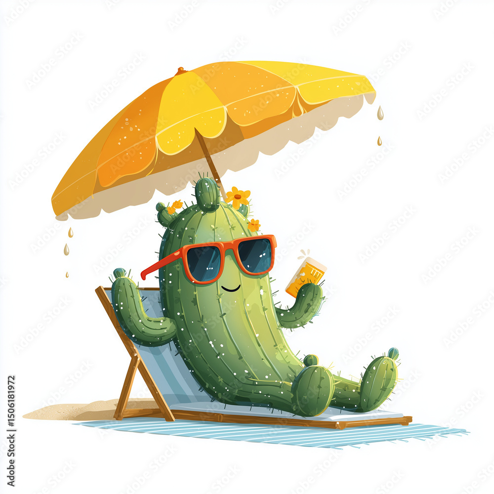 Obraz premium cactus applying sunscreen and lying under beach umbrella, wearing sunglasses, absurd summer vacation concept, vector art, white background 
