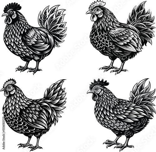 Detailed Engraved Illustrations of Chickens and Roosters