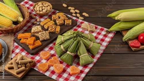 Video of typical June Festival foods with corn cake, peanuts, popcorn, pumpkin candy and traditional sweets on a checkered tablecloth for a Brazilian celebration