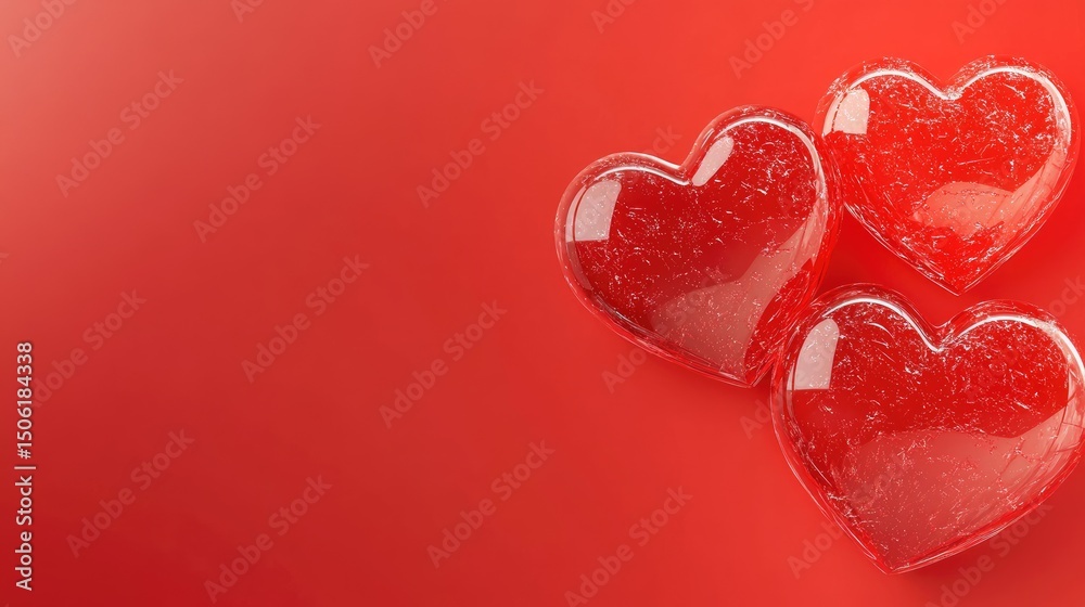 Fototapeta premium Three translucent red hearts on a red background.