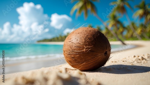 Natural Coconut Resting in the Sand, Ready for a Refreshing Drink