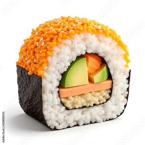 Perfectly Sliced California Roll with Vibrant Ingredients on a Clean White Backdrop