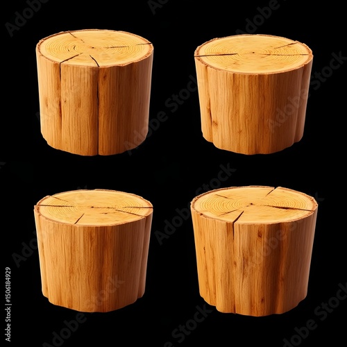 Set of Four Rustic Wooden Log Stools Isolated on Black Background