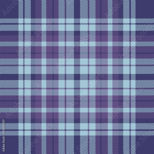 Retro pixel art tartan pattern. Pixelated fabric texture in shades of purple and blue. Nostalgic, game design, or textile background. Great for digital projects.