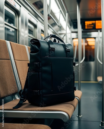 Modern black backpack placed on a subway seat in an empty train carriage, conveying urban travel, commuting lifestyle, and minimal design in a sleek public transportation setting

