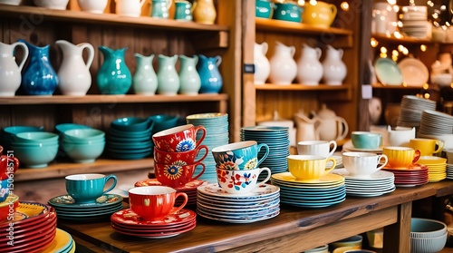Bright and colorful display of ceramic cups, plates, and dishware in a cozy shop with wooden shelves, showcasing handcrafted pottery in a cheerful and welcoming atmosphere

