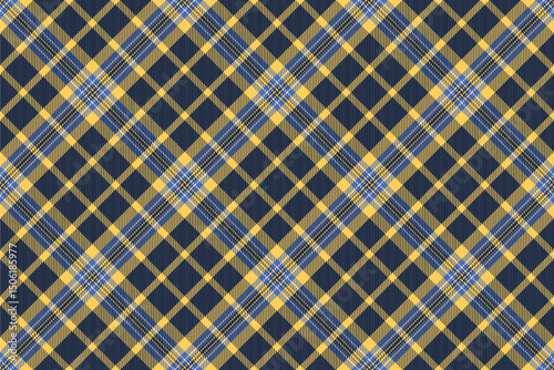 Vibrant diagonal plaid pattern in navy, gold, and light blue.  Perfect for textile design, fashion, website backgrounds, or any project needing a stylish and textured backdrop.