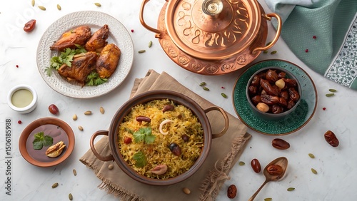 Wallpaper Mural Traditional Middle Eastern Feast Featuring Kabsa Rice, Roasted Chicken, Dates, and Arabic Coffee Torontodigital.ca