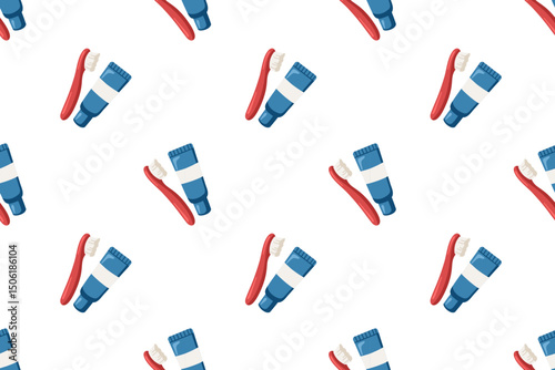 Seamless pattern with red toothbrush and toothpaste tube. Vector isolated background in cartoon style