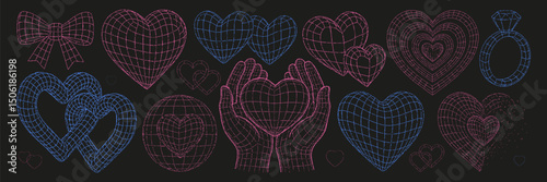3D wireframe shapes. Hearts, hands, rings, and bows Valentine day and romantic and love-themed designs for couples.