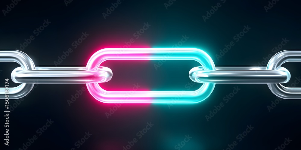 Obraz premium A modern digital chain link illuminated with vibrant neon colors. The striking contrast of pink and blue highlights the concept of connectivity and innovation in technology.