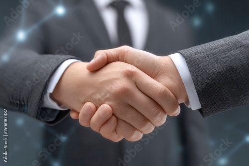 Two business people clasp hands in a handshake wearing suits and ties