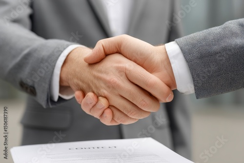 Two business people in grey suits shaking hands over a document with the word Contract on it