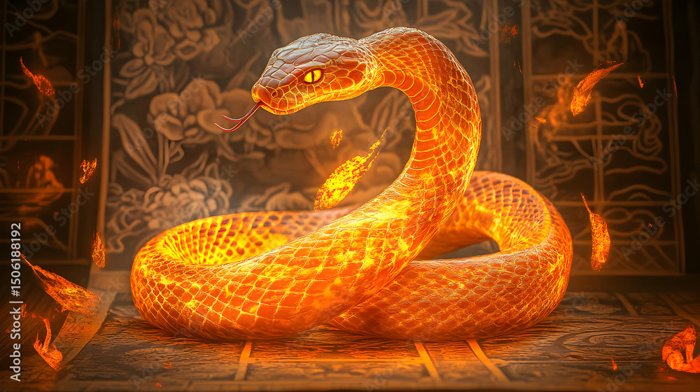 Fototapeta premium Fiery serpent: A captivating image of an orange snake with flames in a fantasy setting
