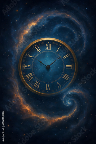 Vintage Roman Numeral Clock Floating in Deep Space Surrounded by Colorful Nebulas and Galactic Swirls