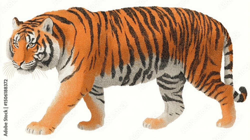 Obraz premium Striped Tiger Walking Big Cat Illustration Wildlife Artwork