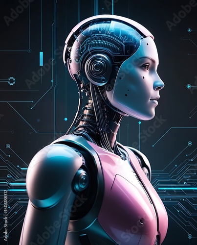 Futuristic humanoid robot with advanced artificial intelligence and cybernetic enhancements, featuring metallic design and digital interface in a high-tech sci-fi environment

