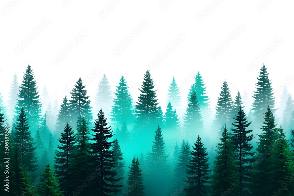 Fototapeta premium A serene scene of evergreen trees shrouded in mist, creating a tranquil atmosphere perfect for nature lovers and those seeking peace in the beauty of the woods.