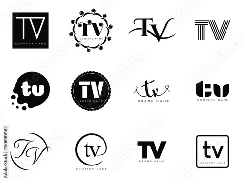 TV logo company template. Letter t and v logotype. Set different classic serif lettering and modern bold text with design elements. Initial font typography.