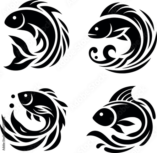 Abstract Fish Motifs: Unique and artistic illustrations of various fish in intricate circular designs. Symbolizing nature and the aquatic world.