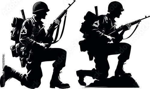 Soldier Silhouette : Silhouette of a soldier in military uniform kneeling with a rifle, embodying strength, discipline, and the sacrifices made in service.
