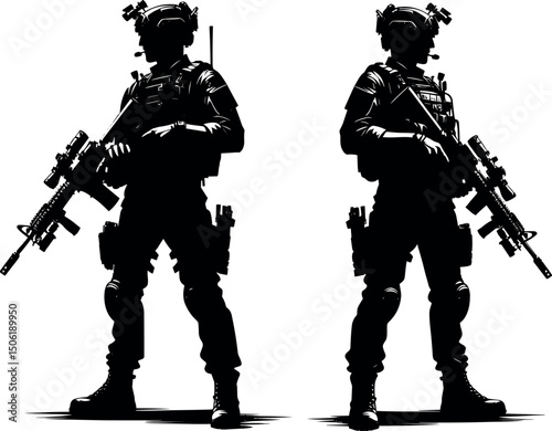 Shadow Warriors: Silhouetted figures of two elite soldiers stand ready, armed with rifles and prepared for action, their forms radiating power and discipline in a stark, high-contrast display.