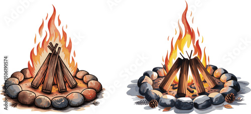 Cozy Campfire Vector Set with Logs, Stones, Pinecones and Flames – Rustic Outdoor Fire Illustration for Camping, Hiking, Adventure and Autumn Designs on transparent Background