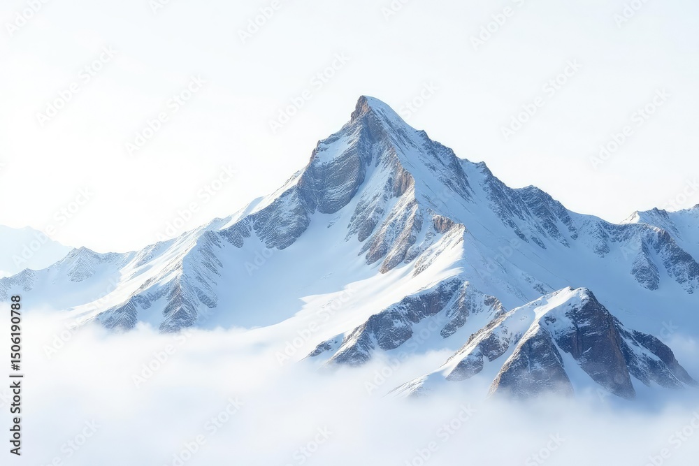 Fototapeta premium Snow covered mountain peak, pristine white background, winter, climate