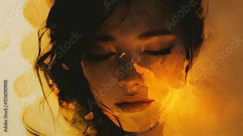 Abstract portrait of woman with closed eyes in golden light digital painting art style image for sale