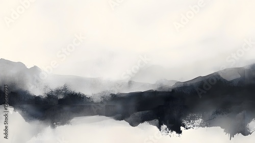 Abstract landscape painting of misty mountains in grayscale for wall art and home decor prints design