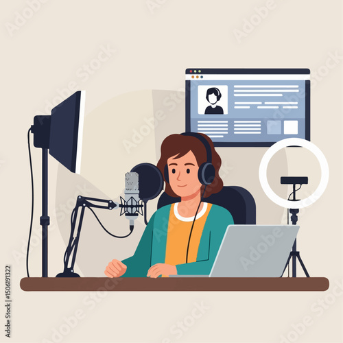 Podcasting Woman in Casual Clothes – Vector Scene

