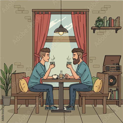 Gay Couple in Retro Coffee Shop – Vintage-Inspired Vector

