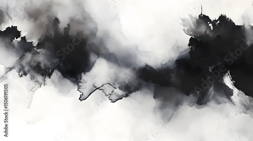 Abstract black and white ink painting wall art print modern minimalist home decor cloudscape design artwork