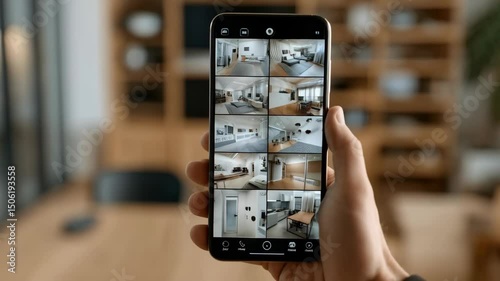 Close-up of person holding smartphone showing interior design photographs of various rooms inside a house or an apartment viewed on mobile phone.