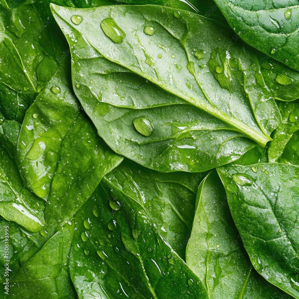 Fototapeta premium Fresh spinach leaves, wet with water droplets