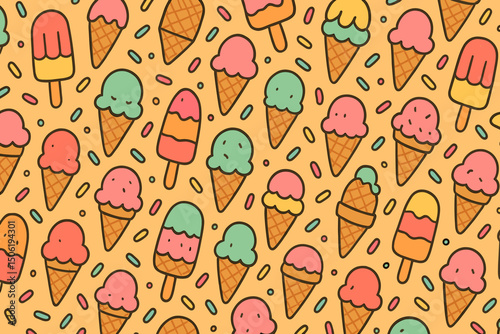 Colorful ice cream cones scattered on a sunny yellow background with sprinkles celebrating summer treats