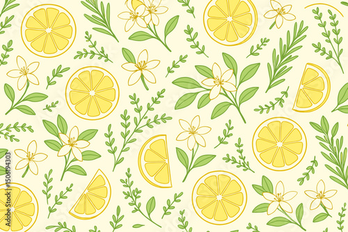 Colorful lemon and floral pattern featuring fresh herbs on a light background