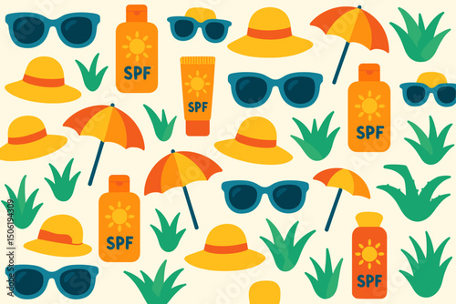 Bright summer essentials include sunscreen, sunglasses, hats, and beach umbrellas arranged on a light background