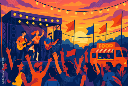 Live music event at sunset with vibrant crowd and food truck in lively outdoor festival atmosphere