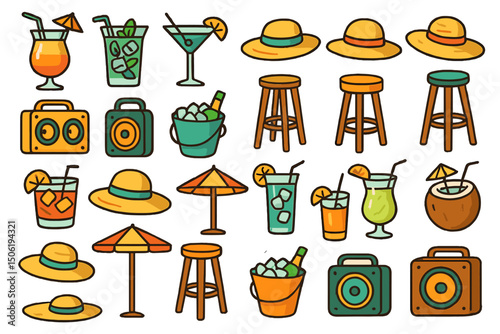 Beach party essentials with drinks, hats, and seating arrangements in a sunny tropical setting