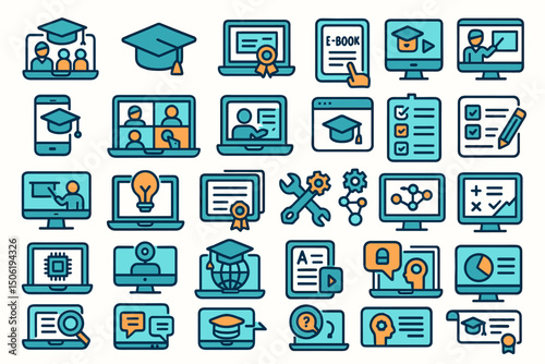 Digital learning icons representing online education, tools, and resources for students and teachers in a modern classroom setting