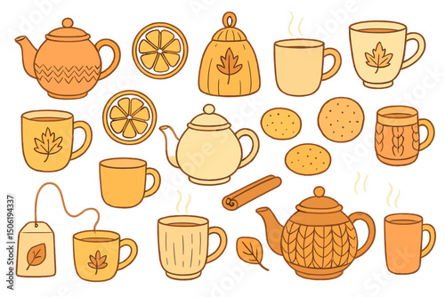 Various tea items and cozy elements featuring teapots, cups, and snacks in warm autumn colors