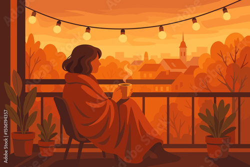 Cozy evening on a balcony with warm lights, autumn scenery and a cup of coffee in hand