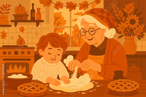 Grandmother and grandchild baking together in a cozy autumn kitchen with warm colors and seasonal decorations