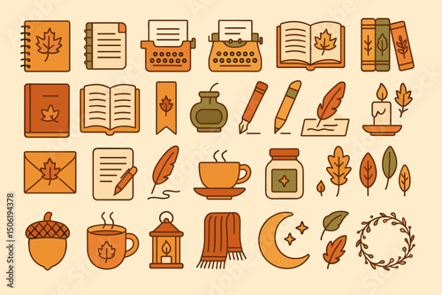 Artistic collection of autumn-themed icons featuring objects related to literature, cozy drinks, and seasonal decor