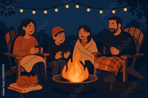 Family gathered around a campfire at night enjoying warm moments and storytelling under string lights